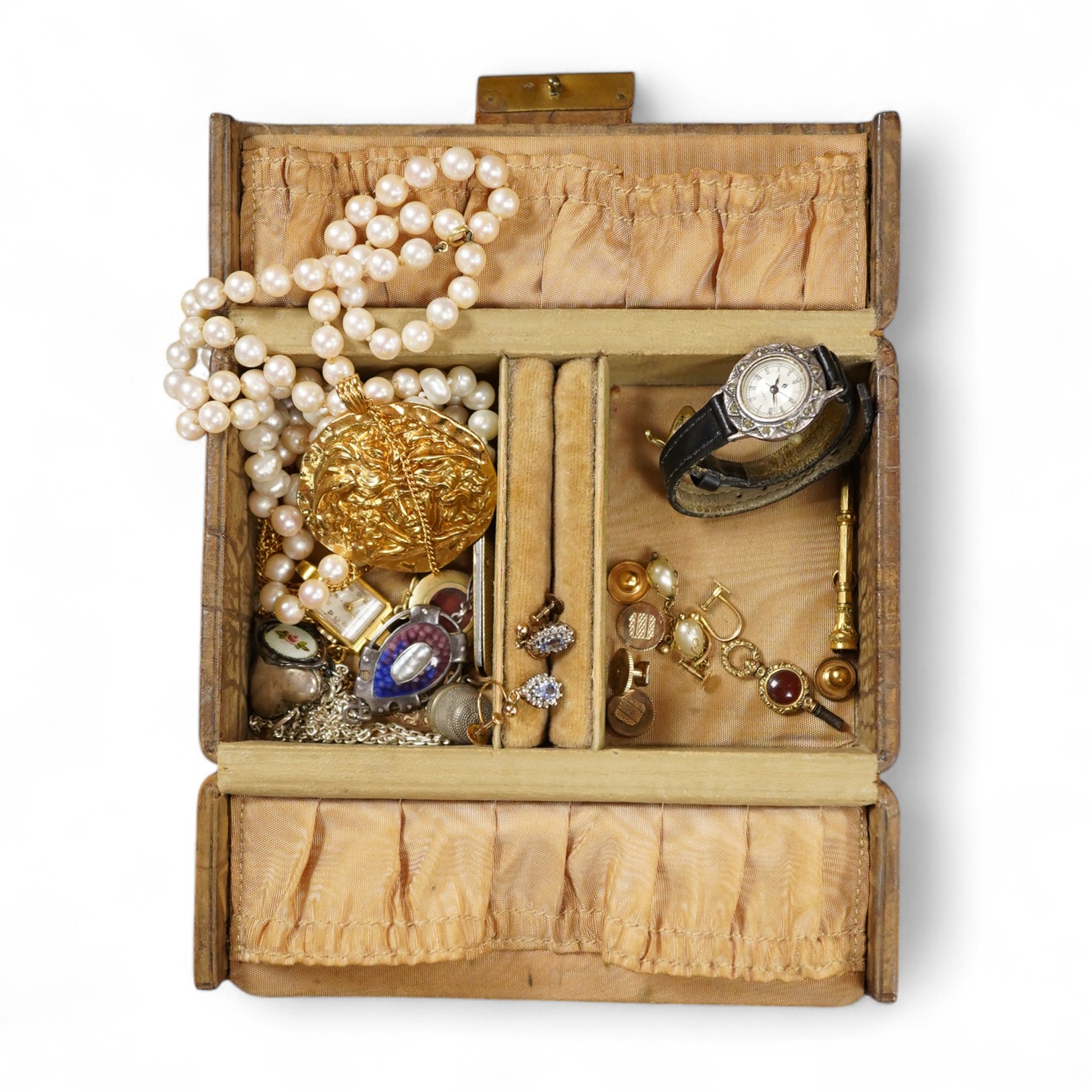 A collection of jewellery, comprising: a pair of sapphire and diamond drop earrings; an Arts & Crafts mother of pearl silver and enamel pendant, length 5.4cm, maker's mark JF, British hallmarks; a turquoise pendant; a 9c